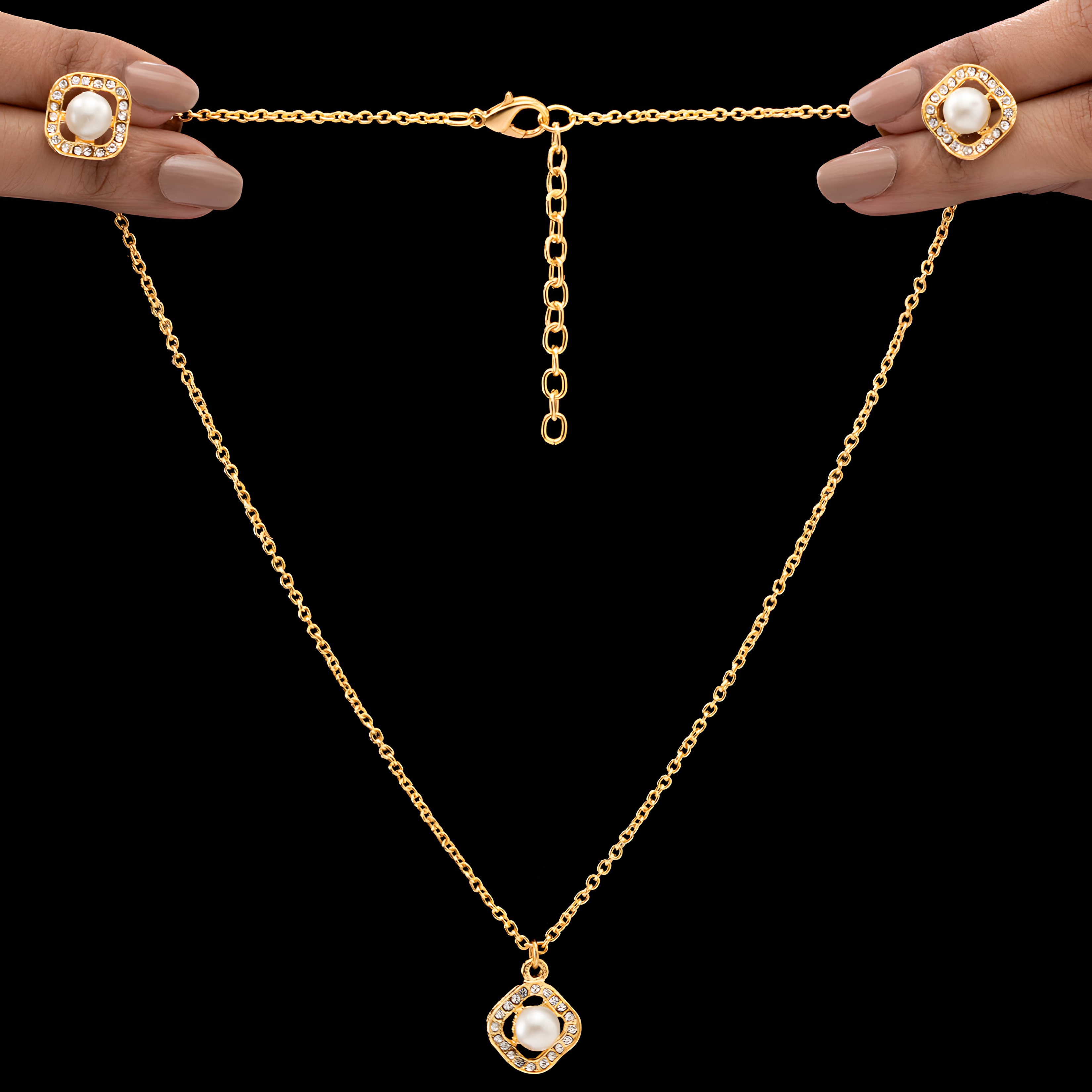 ORNA Necklace Waterproof Evergreen Pearl Studded Set With Earrings