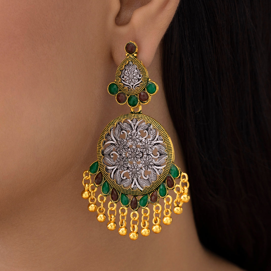 ORNA Earrings Anti-Tarnish Dual-Tone Ethnic Statement with Ghungroos Danglers