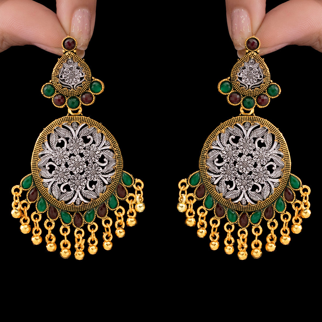 ORNA Earrings Anti-Tarnish Dual-Tone Ethnic Statement with Ghungroos Danglers