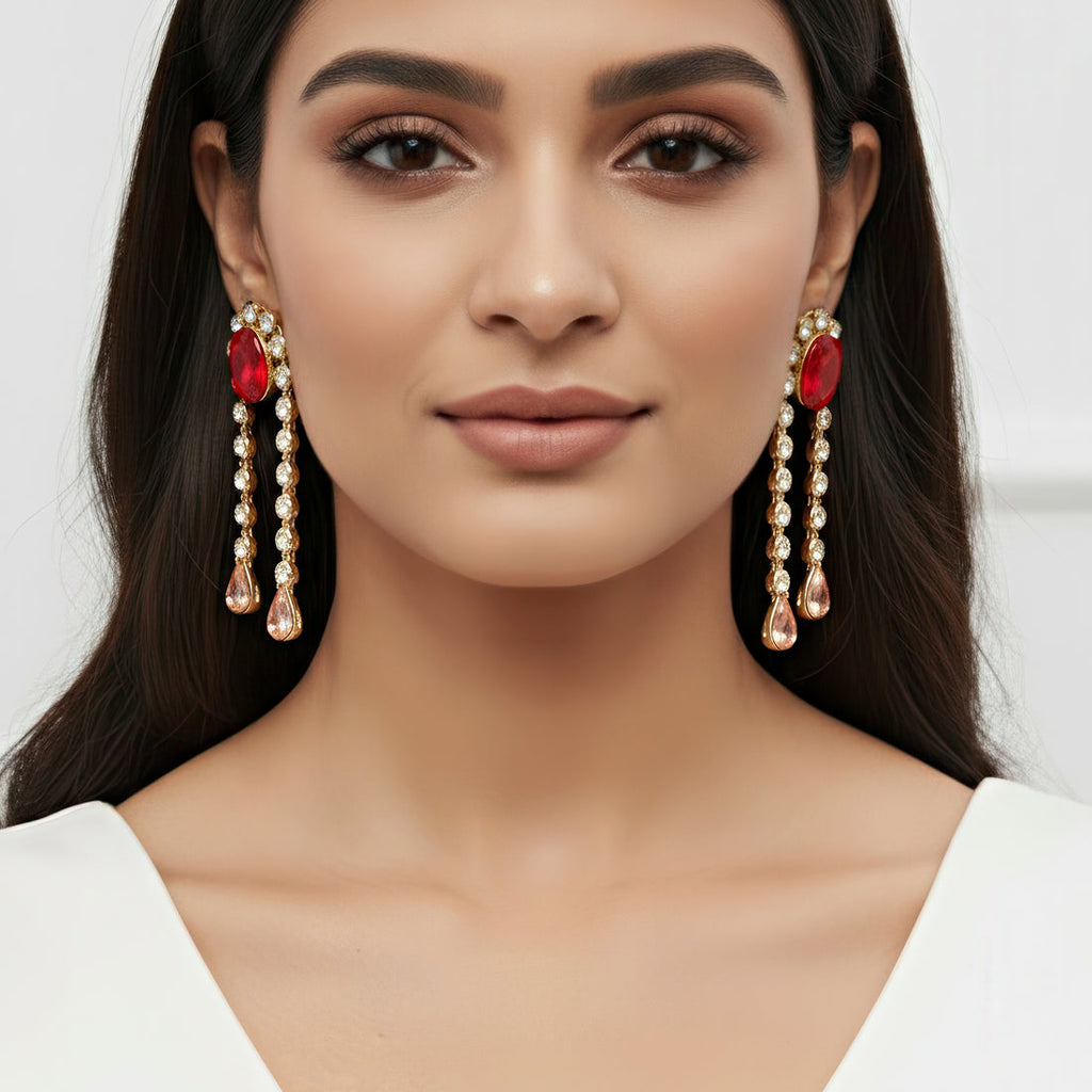 ORNA Red Oval Crystal Dangler Style Earrings