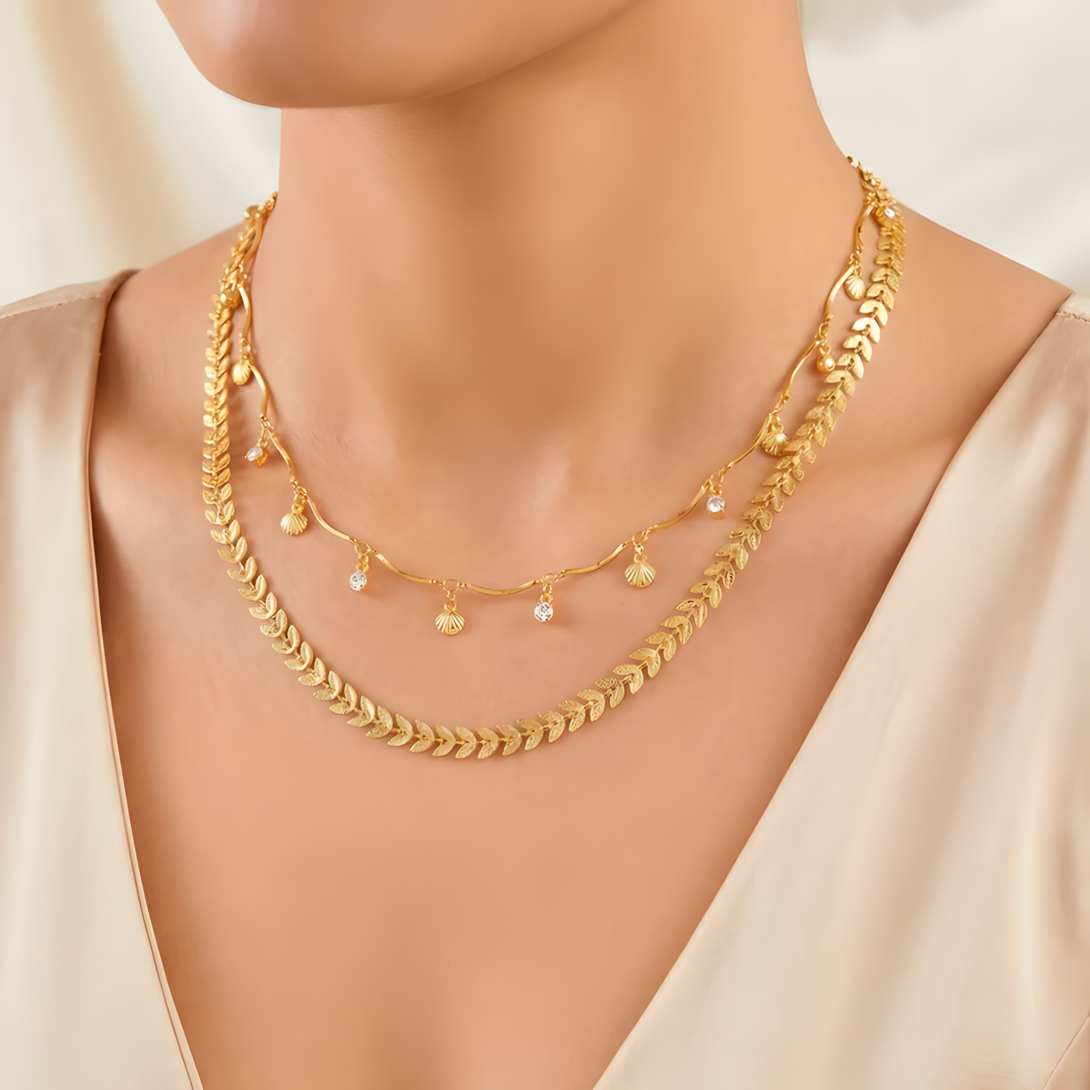 ORNA Necklace Waterproof Double Layer Chevron Chain with Shell Charms