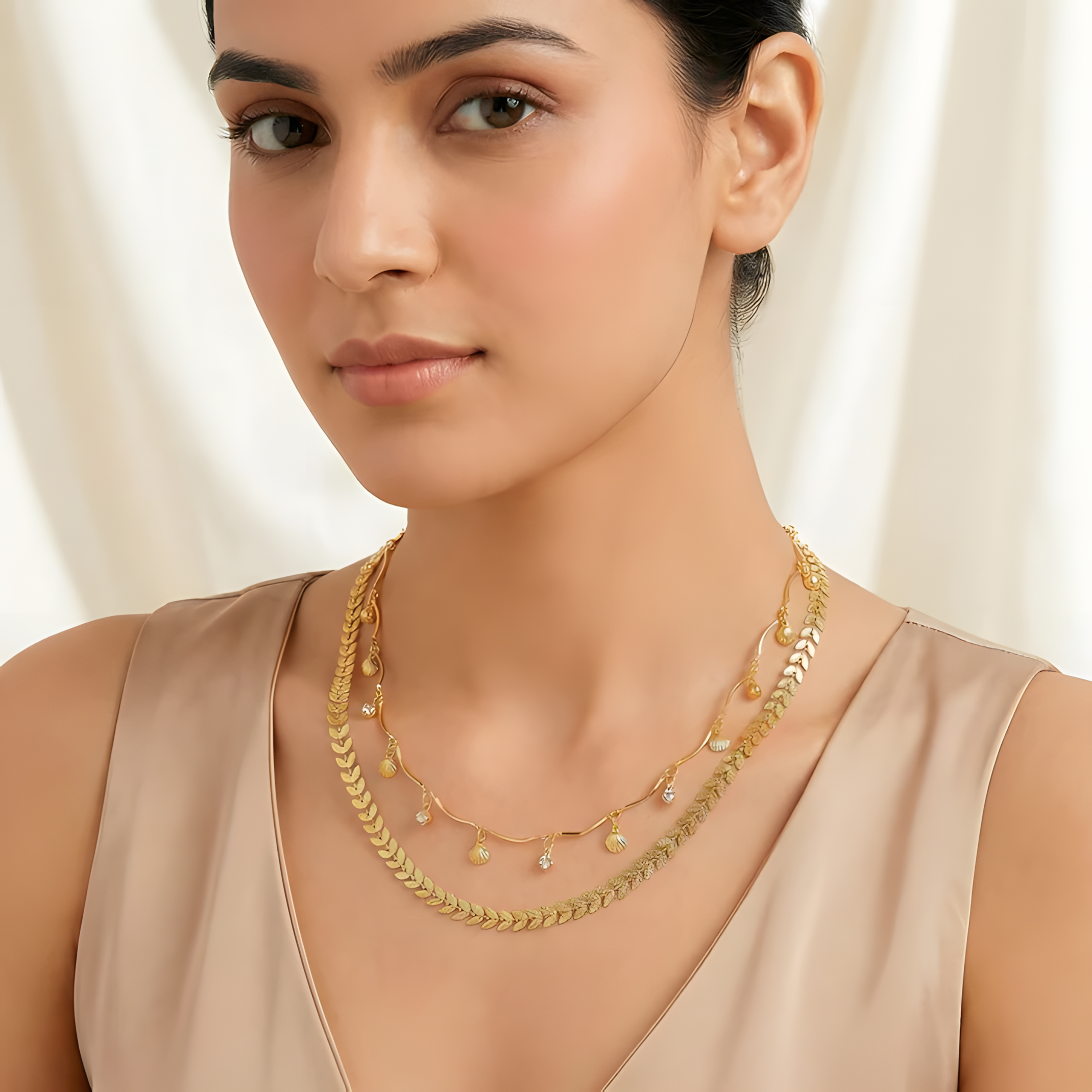 ORNA Necklace Waterproof Double Layer Chevron Chain with Shell Charms