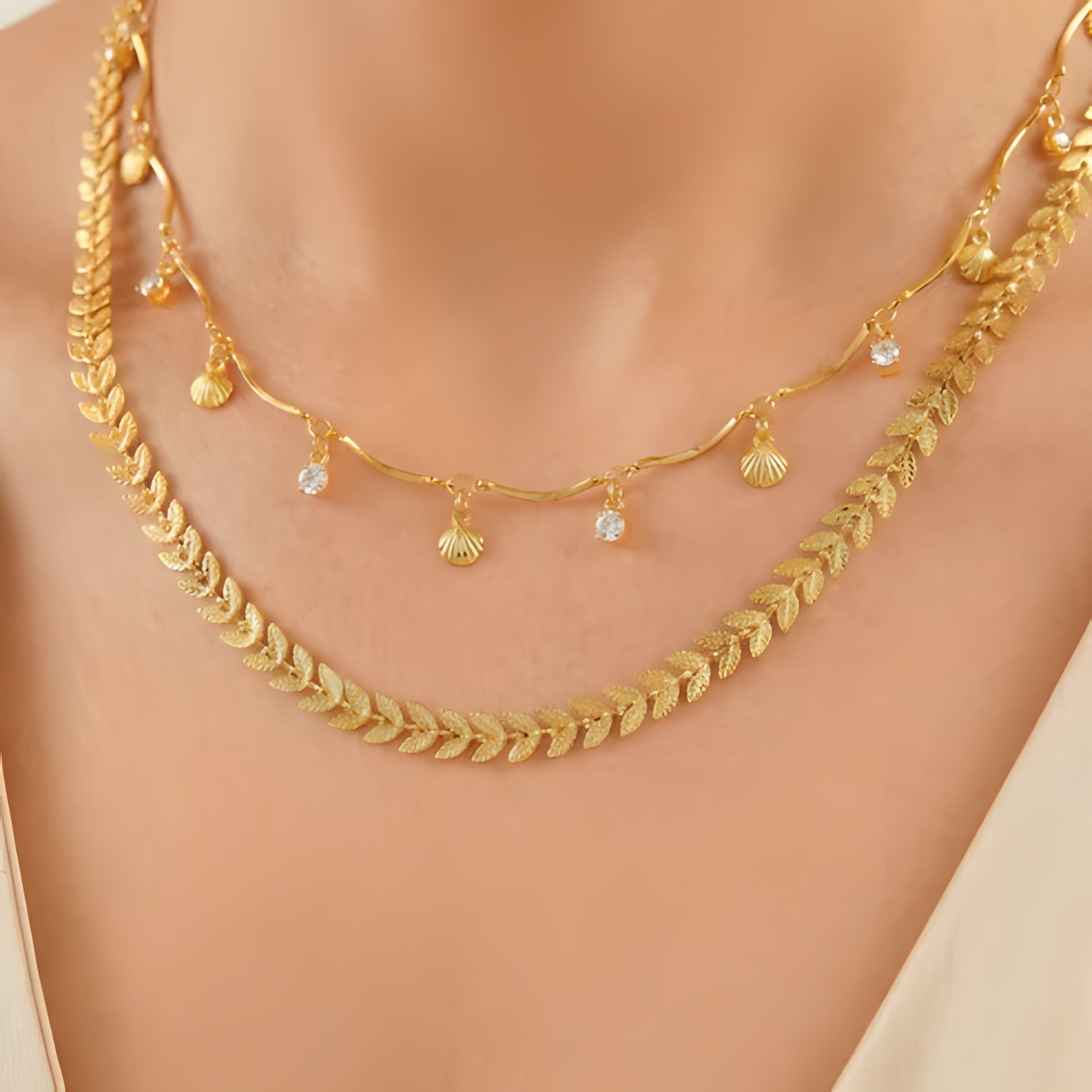 ORNA Necklace Waterproof Double Layer Chevron Chain with Shell Charms