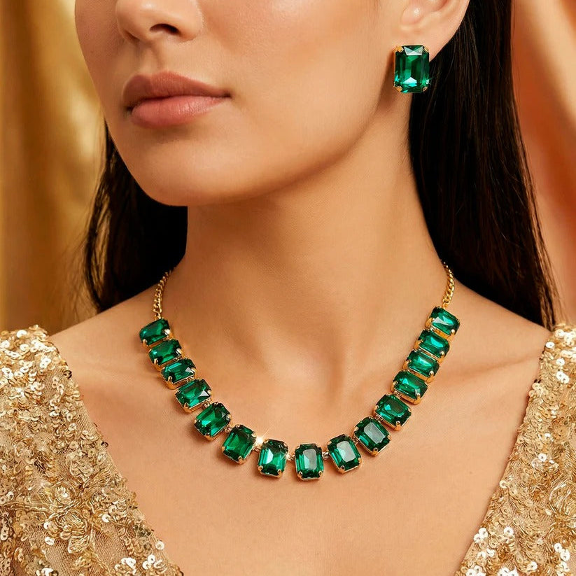 ORNA Necklace Single-Line Emerald Set With Earrings