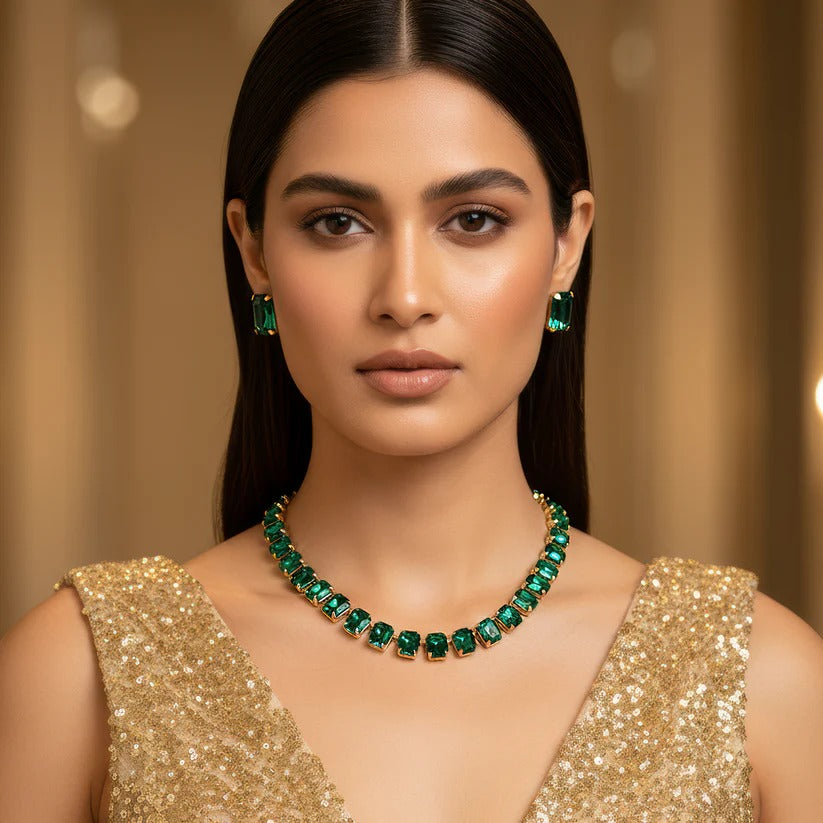 ORNA Necklace Single-Line Emerald Set With Earrings