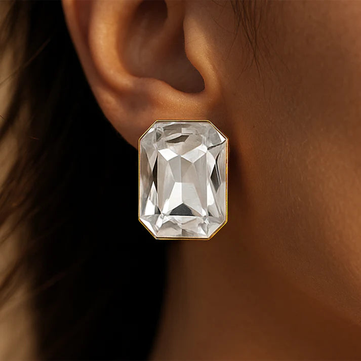 ORNA Earrings Waterproof Rectangle Shape Crystal Studs