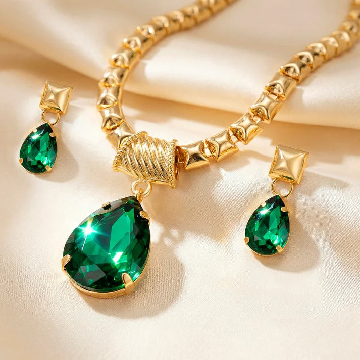 ORNA Necklace Waterproof Emerald Crystal Set With Earrings