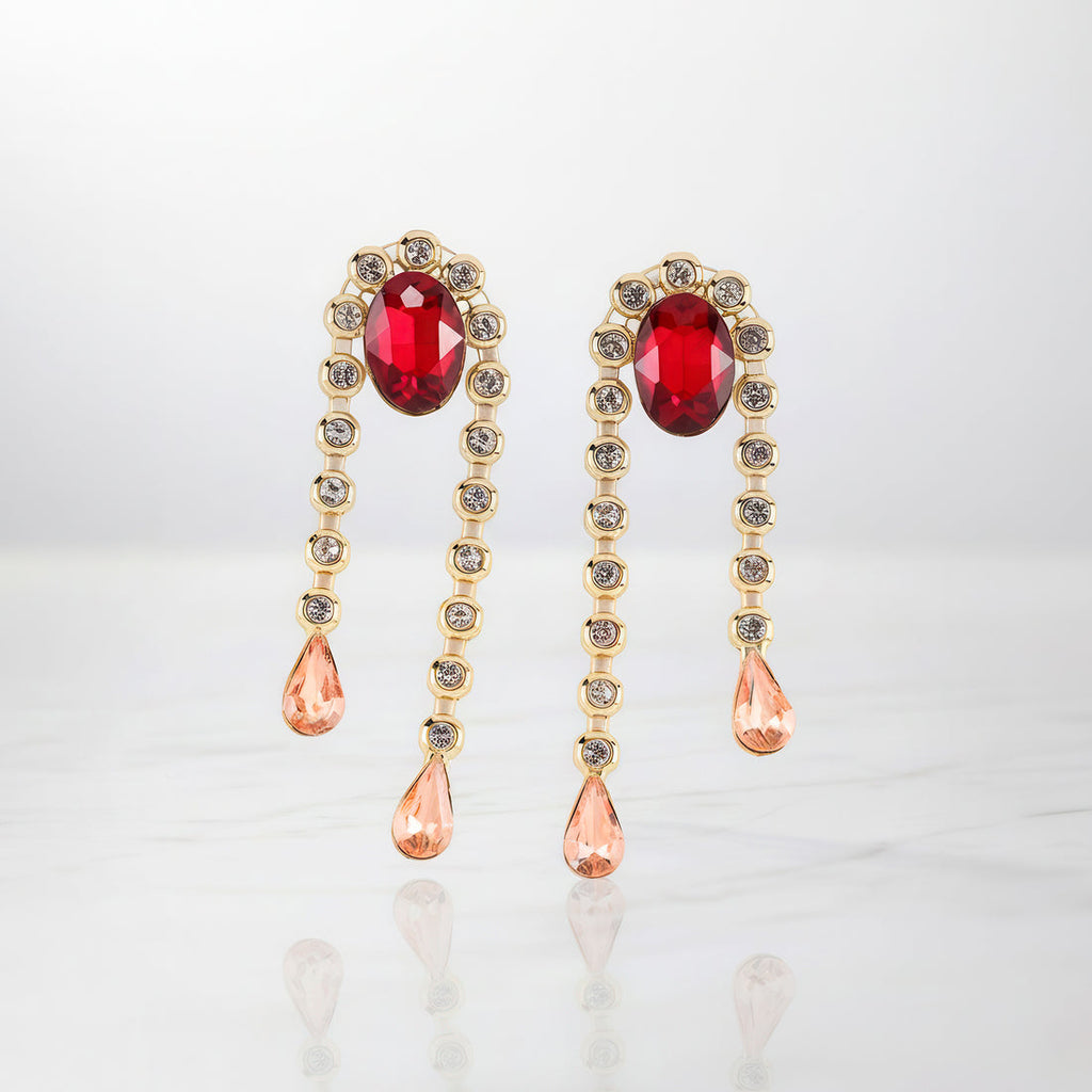 ORNA Red Oval Crystal Dangler Style Earrings