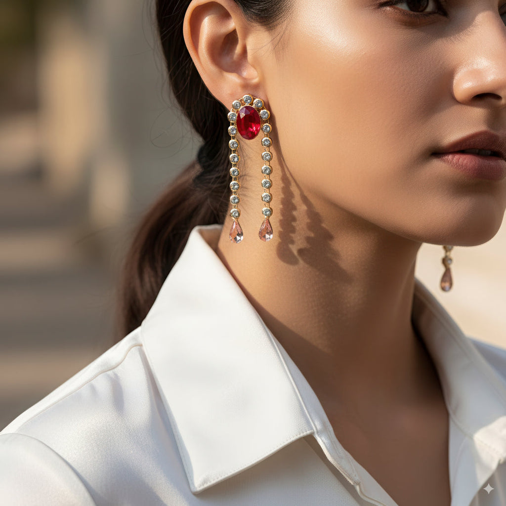 ORNA Red Oval Crystal Dangler Style Earrings