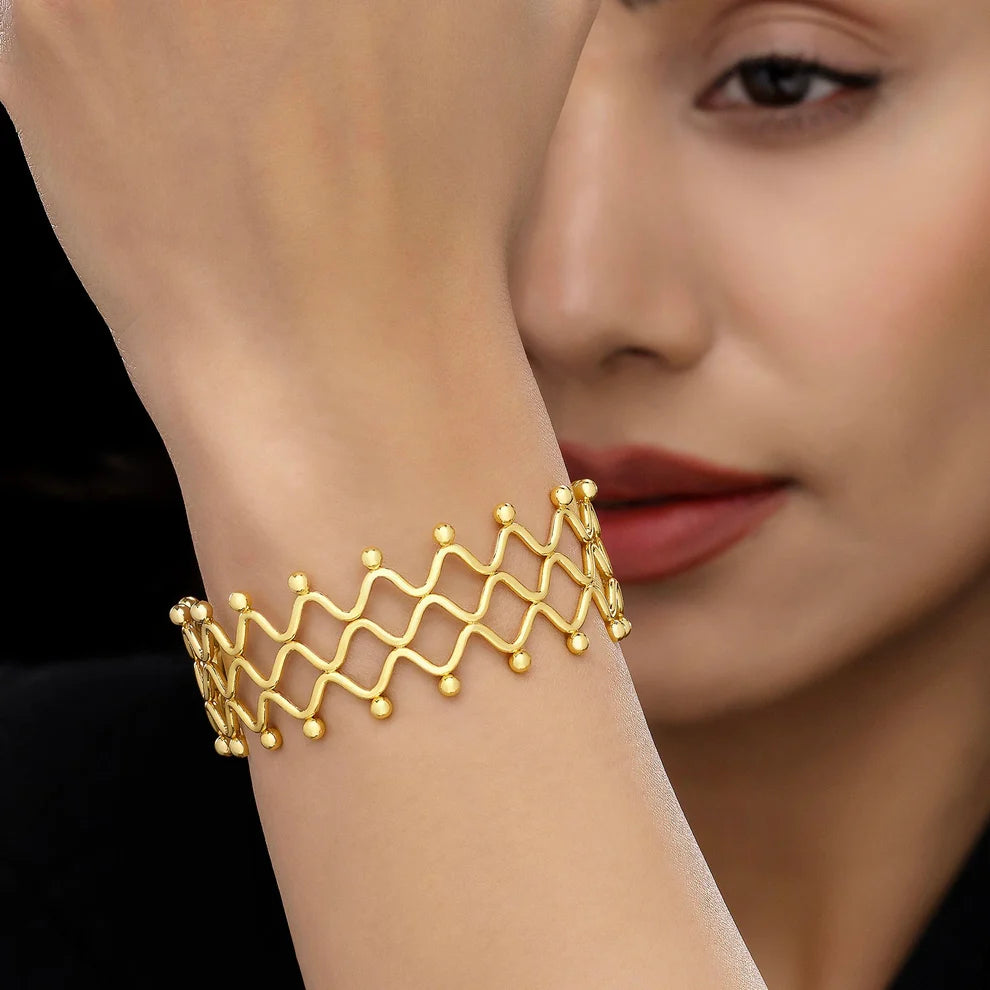 ORNA Bracelet Waterproof Golden Zigzag Bangle (Adjustable Size)